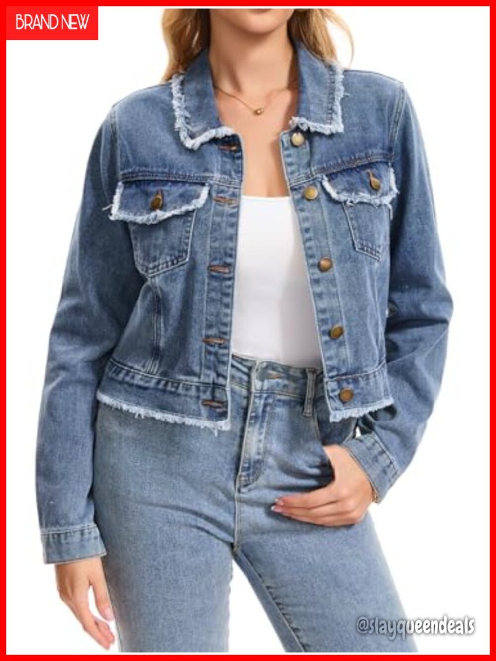 Womens Cropped Denim Jacket Frayed Edge Long Sleeve Button Down Trucker